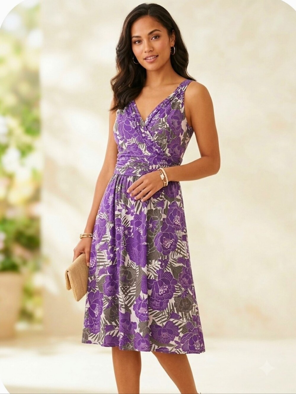Chadwicks Purple Floral V-Neck Sleeveless Midi Dress